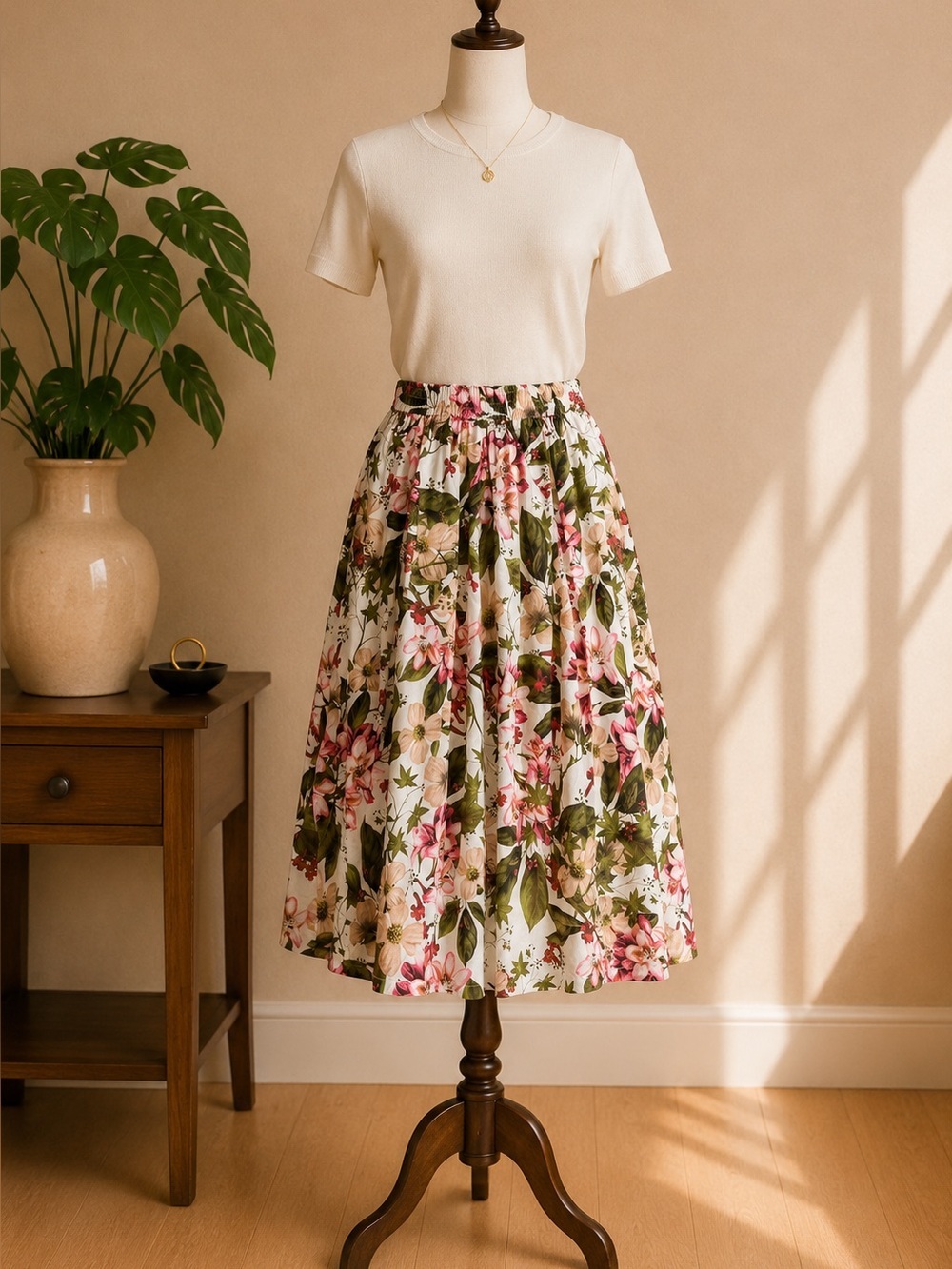 Zara Woman Floral Cotton Midi Skirt Botanical Print Elastic Waist Size M